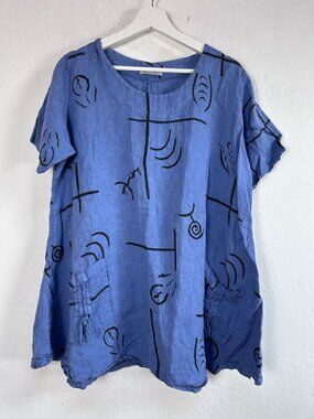 T by Transparente Blue Linen Abstract Print Short Sleeve Tunic Top Size 1 Artsy